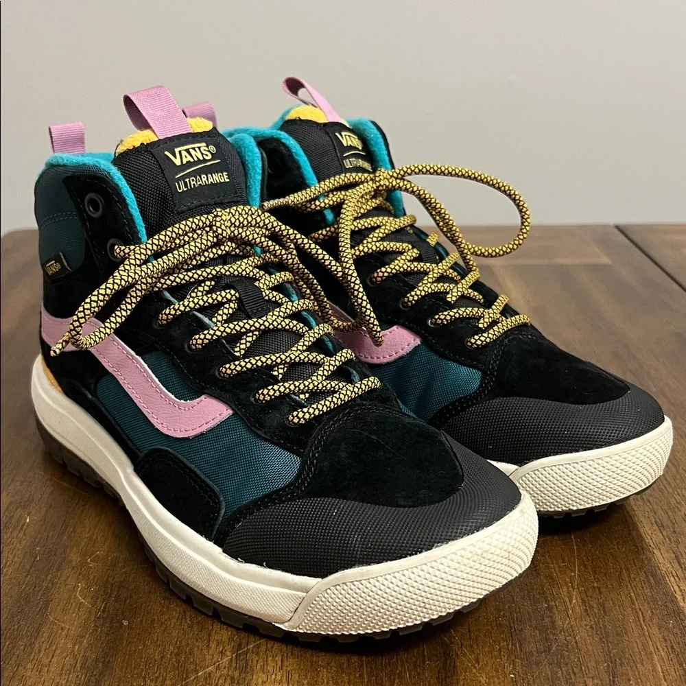 Vans High-Top Sneakers in Black, Pink, Teal & Yellow